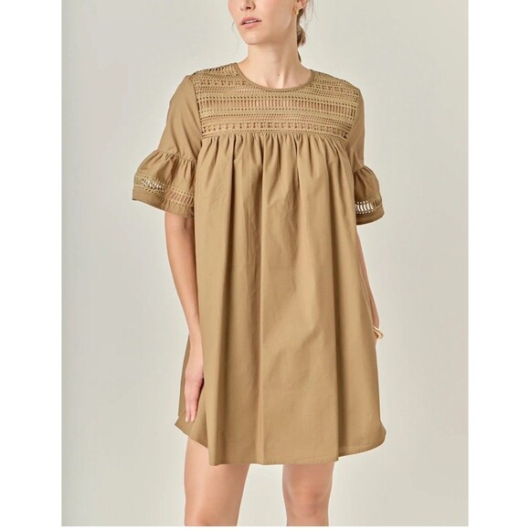 English Factory MK1156D Women Lace Detail Mini Dress Tan size M Festival Party - Picture 1 of 10